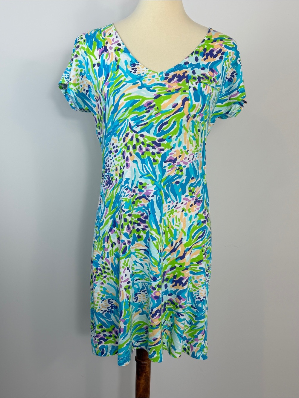 Lilly Pulitzer Daniella Sea Soiree Blue Green V-Neck T-Shirt Mini Dress S